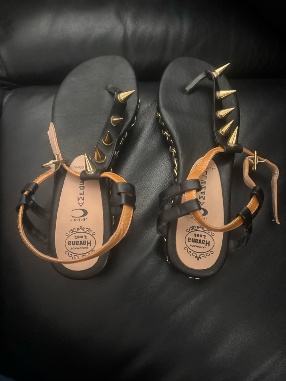 Jeffrey Campbell Black and Tan Spike T-Strap Sandals size 7M